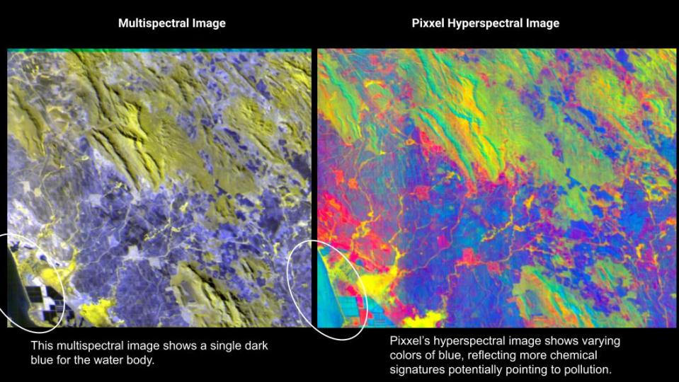 Two satellite images, one hyperspectral, showing more information.