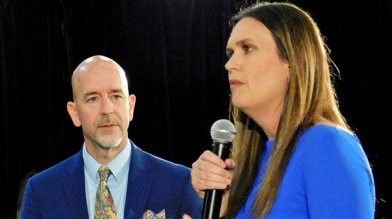 Arkansas Gov. Sarah Huckabee Sanders, right, and Arkansas Secretary of Education Jacob Oliva discuss several aspects of the LEARNS Act on Monday evening, April 24,2023, in the Simpson Theatre at Arkansas State University’s Fowler Center in Jonesboro, Ark.