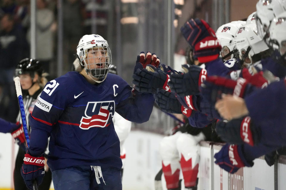 United States Hilary Knight (21) celebrates her goal against Canada during the first period of a rivalry series women's hockey game Wednesday, Nov. 8, 2023, in Tempe, Ariz. (AP Photo/Ross D. Franklin)