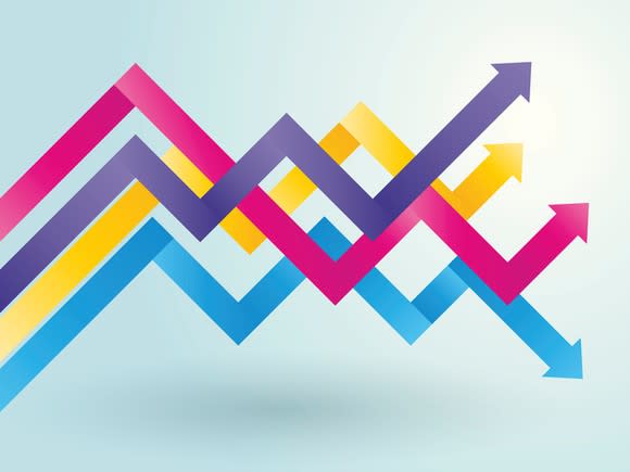 Illustration of purple, yellow, fuchsia, and blue charting arrows on a pale background.