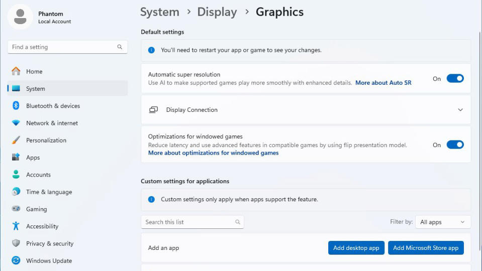 a screenshot of the Automatic Super Resolution setting in Windows 11