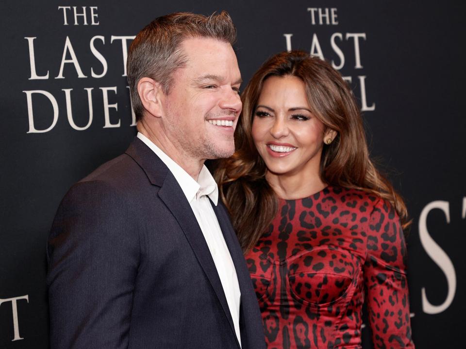 Matt Damon and Luciana Barroso attend "The Last Duel" New York Premiere at Rose Theater at Jazz at Lincoln Center's Frederick P. Rose Hall on October 09, 2021 in New York City