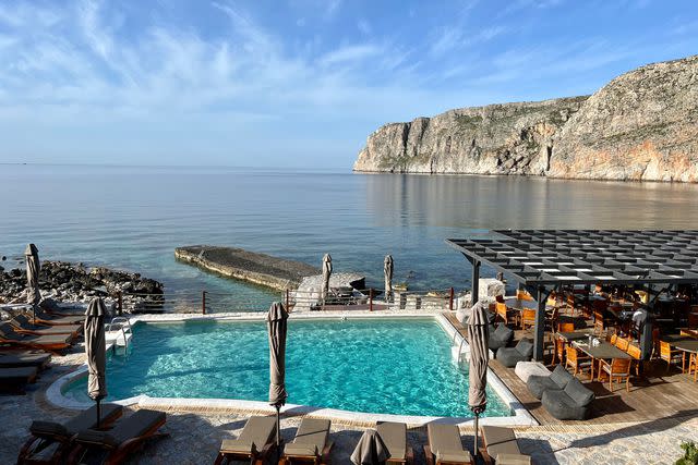 <p>Courtesyo of Kyrimai</p> Kyrimaiâ€™s pool terrace overlooks the harbor at Gerolimenas.