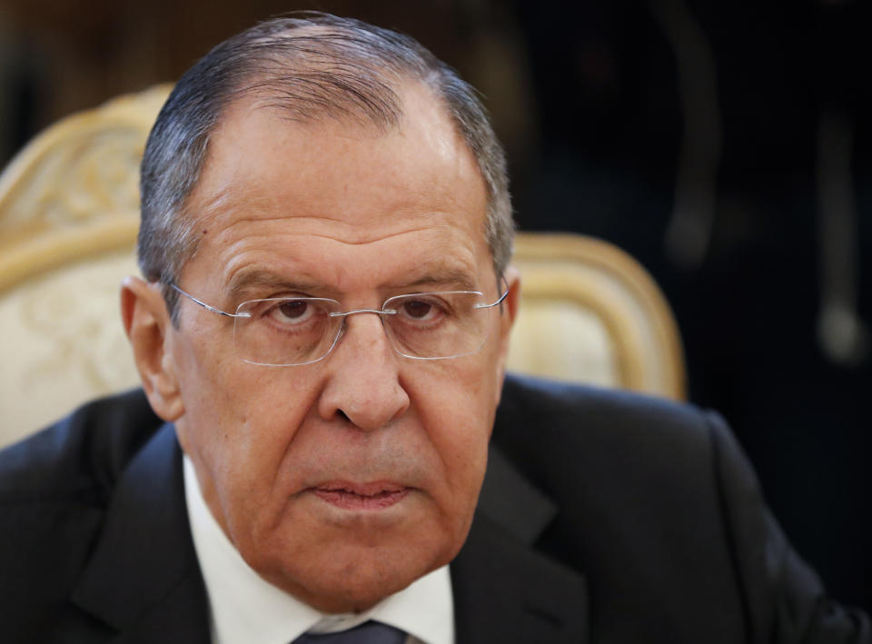 Russian Foreign Minister Sergey Lavrov listens to Venezuela's Vice President Delcy Rodriguez during their talks in Moscow, Russia, Friday, March 1, 2019. (AP Photo/Pavel Golovkin)