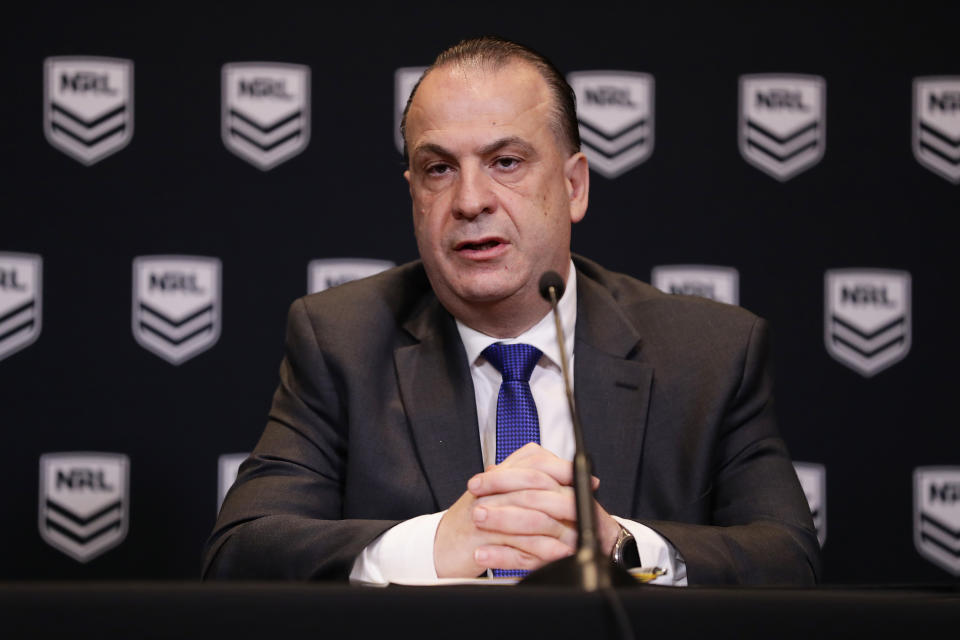 Australian Rugby League Commission Chairman Peter V'landys (pictured) during a media conference.