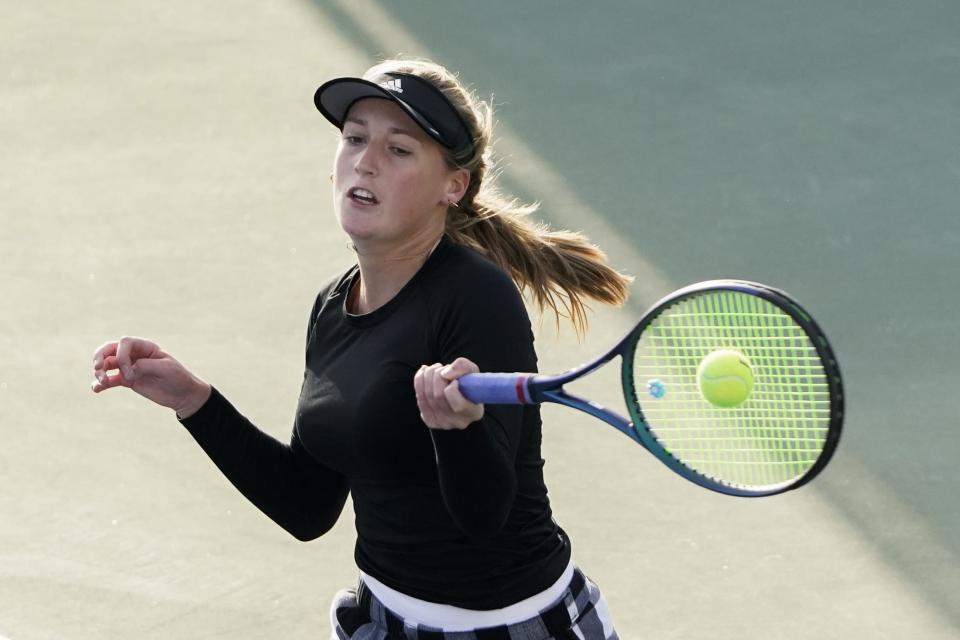 Badin's Caroline Boyle returns the ball during the first round of the OHSAA Division II singles state tennis tournament at the Lindner Family Tennis Center on Friday. She made it to the quarterfinals.