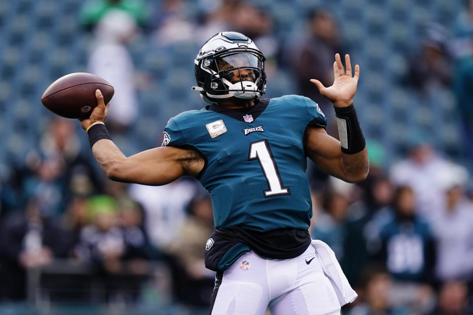 Philadelphia Eagles quarterback Jalen Hurts warms up before an NFL football game against the Los Angeles Chargers on Sunday, Nov. 7, 2021, in Philadelphia. (AP Photo/Matt Slocum)