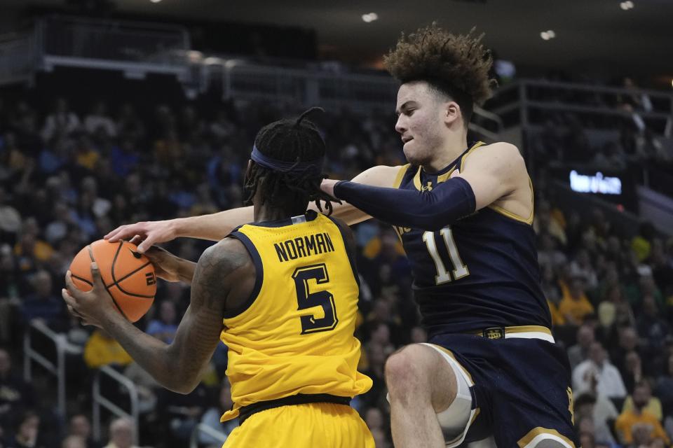 Notre Dame's Braeden Shrewsberry and Marquette's Tre Norman go after a loose ball during the first half of an NCAA college basketball game Saturday, Dec. 9, 2023, in Milwaukee. (AP Photo/Morry Gash)