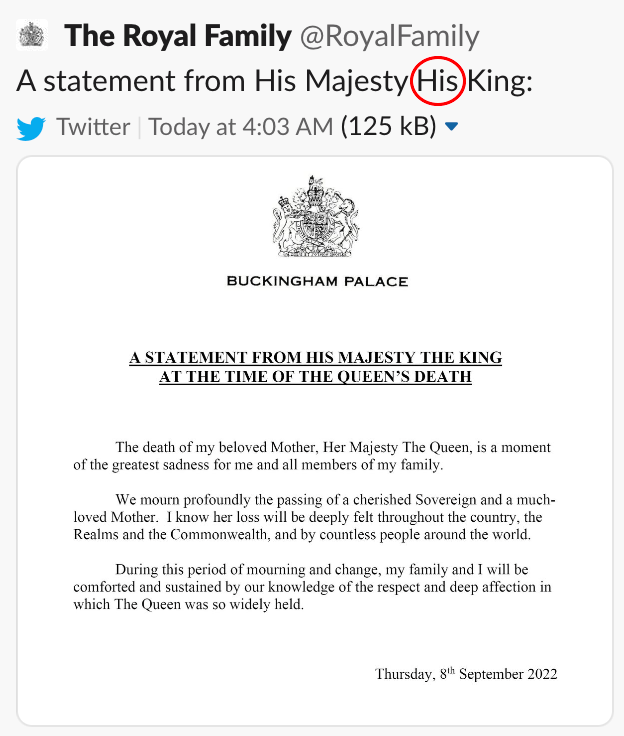 A tweet that says 'His Majesty His King'.