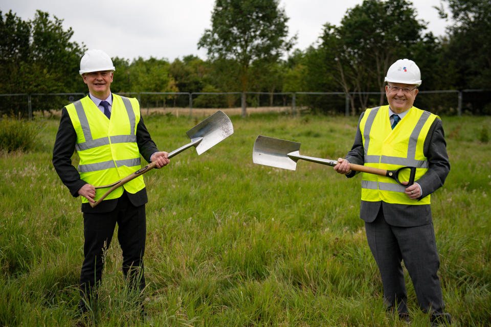 Bryn Hughes (L), the father of Pc Nicola Hughes, and Paul Bone, the father of Pc Fiona Bone, during a groundbreaking ceremony for the new UK Police Memorial at the National Memorial Arboretum in Alreewas, Staffordshire.