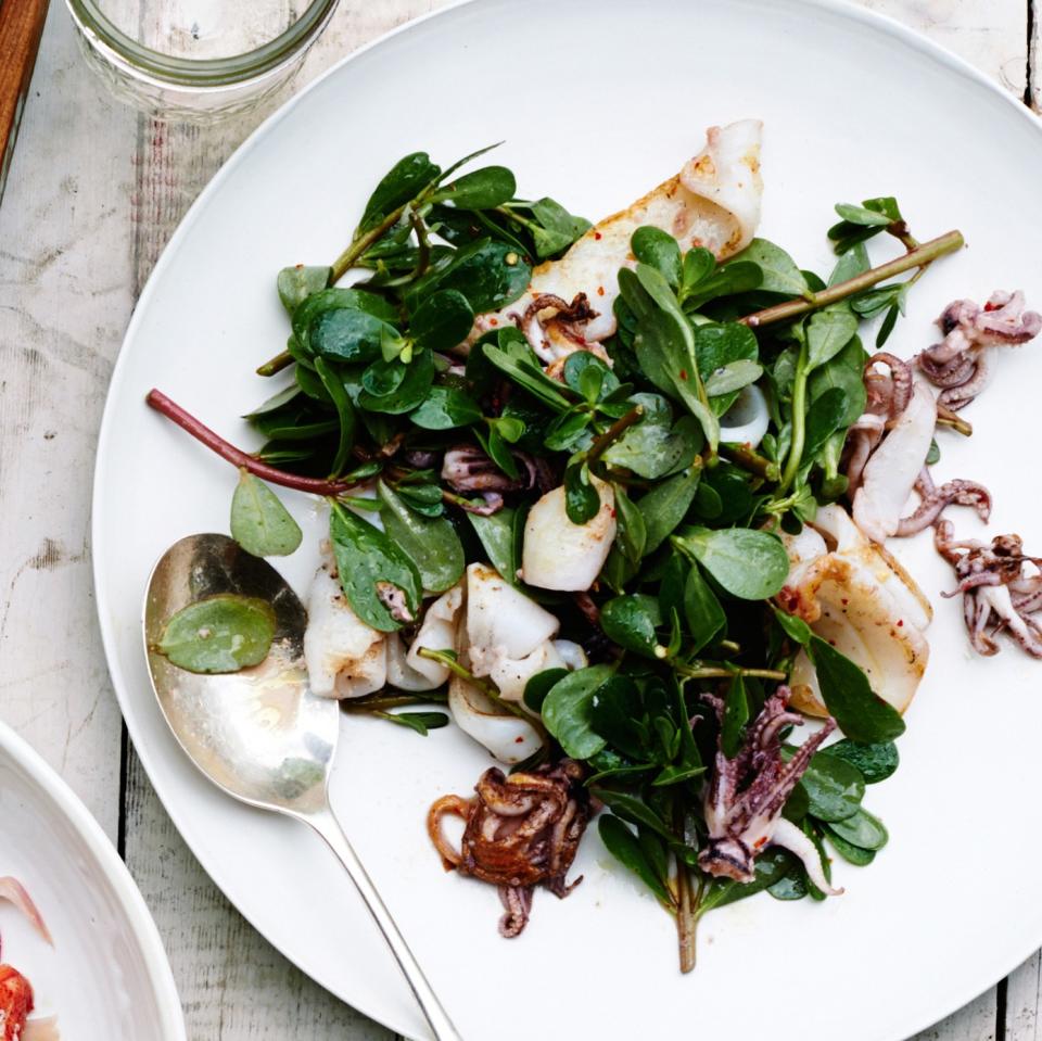 Pan-Seared Squid with Lemony Aioli and Greens