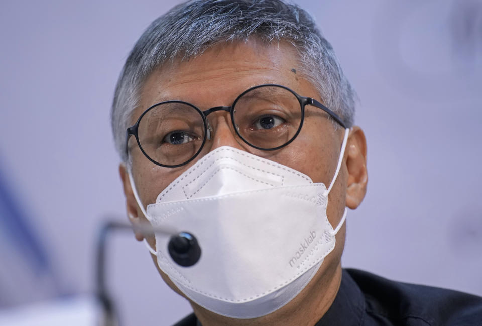 Stephen Chow Sau-yan listens to reporter's questions during a press conference in Hong Kong Tuesday, May 18, 2021. Pope Francis on Monday named a new bishop for Hong Kong, tapping the head of his own Jesuit order in the region, the Rev. P. Stephen Chow Sau-Yan, for the politically sensitive position that has been vacant for two years. (AP Photo/Vincent Yu)