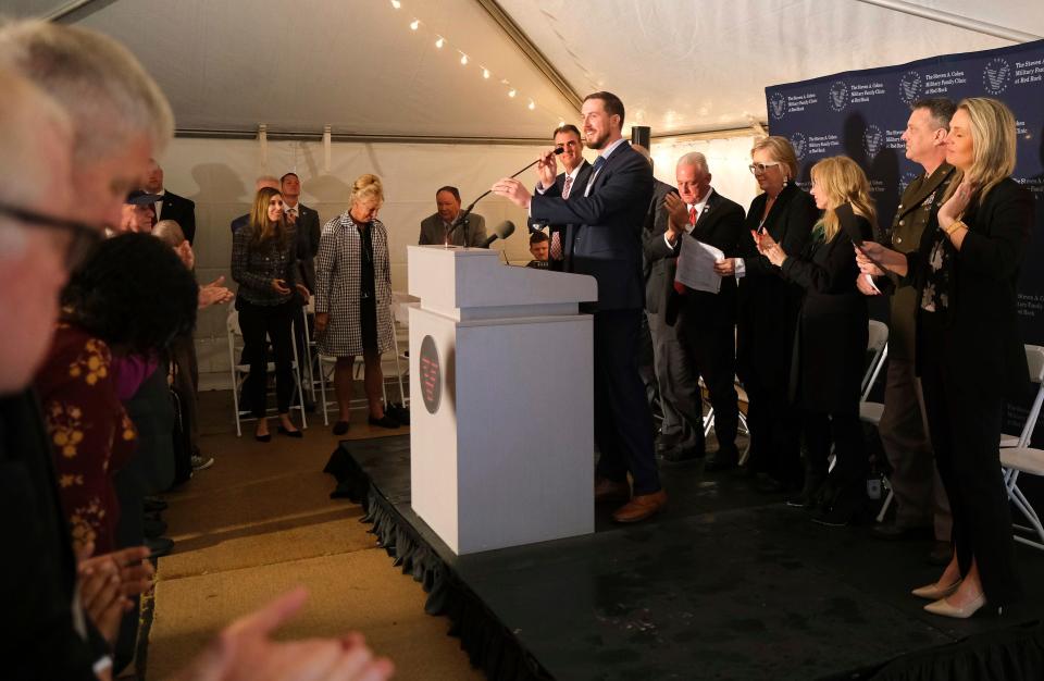 Ryan Pitts, Medal of Honor recipient, who was the main speaker, receives a standing ovation as he is introduced.The Steven A. Cohen Military Family Clinic at Red Rock grand opening ceremony for the Oklahoma City location, Tuesday, Oct. 24, 2023