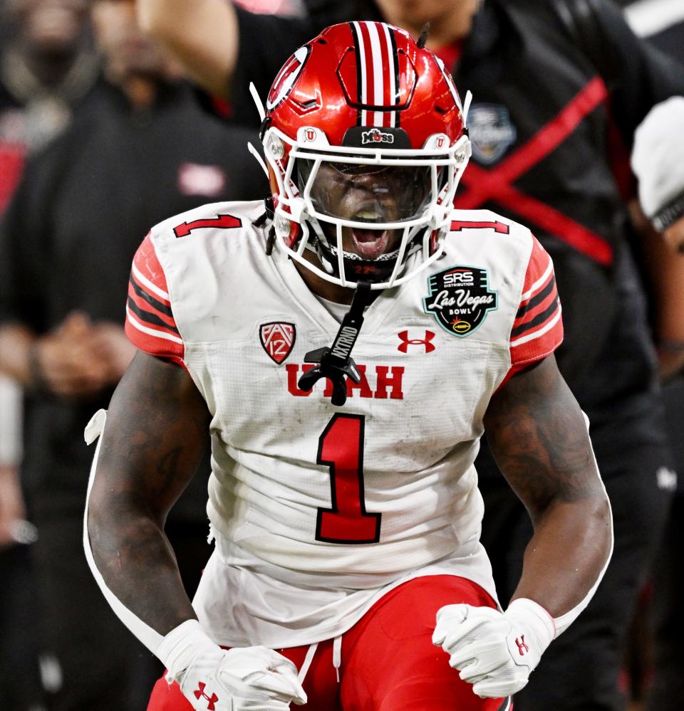 Utah Utes running back Jaylon Glover (1) celebrates after a run as Utah and Northwestern play in the SRS Distribution Las Vegas Bowl at Allegiant Stadium on Saturday, Dec. 23, 2023. Northwestern won 14-7. | Scott G Winterton, Deseret News