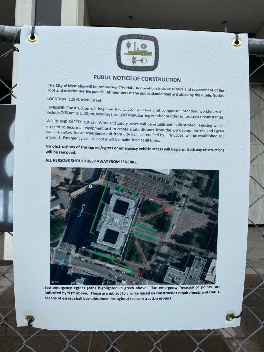 The City of Memphis posted a notice of construction Tuesday afternoon, according to protesters. Construction on the plaza will affect the demonstration that has taken place outside City Hall for the last 15 days.