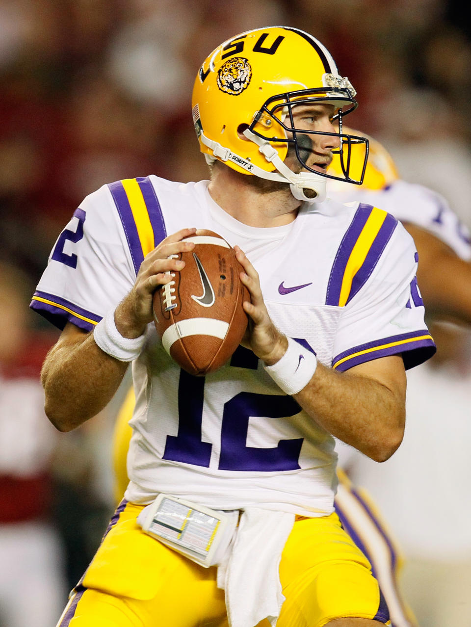 TUSCALOOSA, AL - NOVEMBER 05: Jarrett Lee #12 of the LSU Tigers drops back to pass against the Alabama Crimson Tide during the first half of the game at Bryant-Denny Stadium on November 5, 2011 in Tuscaloosa, Alabama. (Photo by Kevin C. Cox/Getty Images)