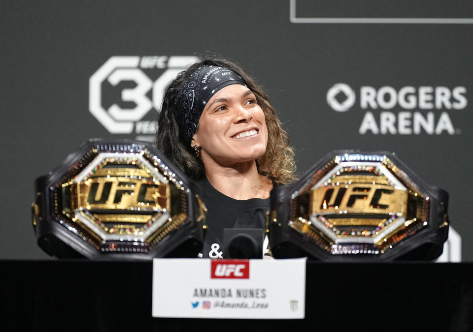 VANCOUVER, BRITISH COLUMBIA – JUNE 08: Amanda Nunes of Brazil is seen during the UFC 289 press conference at Rogers Arena on June 08, 2023 in Vancouver, British Columbia.  (Photo by Jeff Bottari/Zuffa LLC via Getty Images)