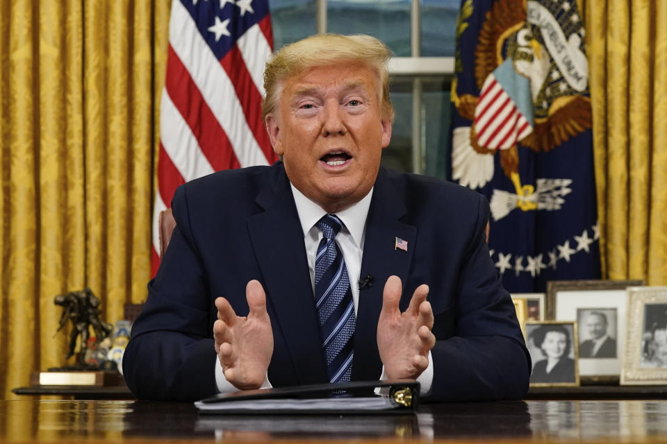 President Donald Trump speaks in an address to the nation from the Oval Office at the White House about the coronavirus Wednesday, March, 11, 2020, in Washington. (Doug Mills/The New York Times via AP, Pool)                       