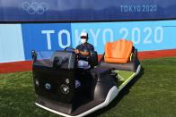 The bullpen cart is seen at Yokohama Baseball Stadium during the Tokyo 2020 Olympic Games