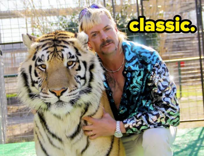 man with mullet posing with a tiger