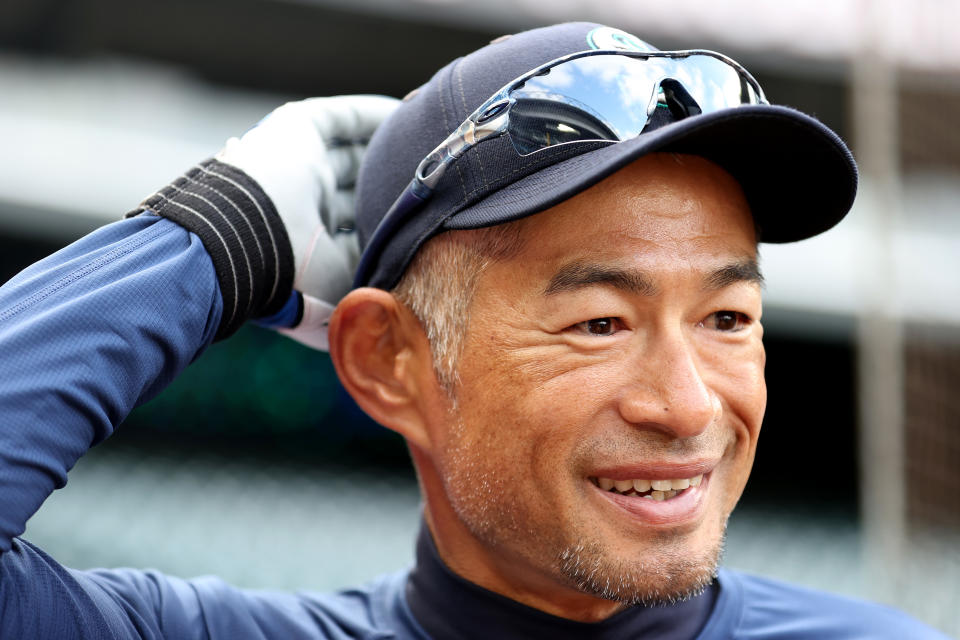 SEATTLE, WASHINGTON - MARCH 30: Ichiro Suzuki of the Seattle Mariners looks on before the game against the Cleveland Guardians during Opening Day at T-Mobile Park on March 30, 2023 in Seattle, Washington. (Photo by Steph Chambers/Getty Images)