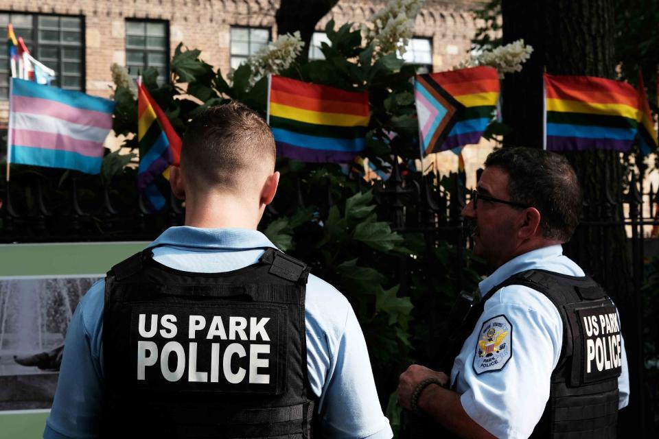 <p>Spencer Platt / Getty Images</p> U.S. Park Police patrol at Stonewall National Monument in Manhattan