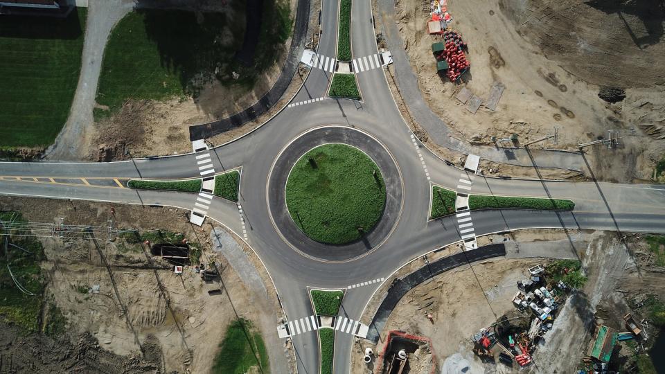 A new roundabout has been completed at Jug Street and Harrison Road. The roundabout will serve the Intel chip manufacturing plant being built on about 400 acres in New Albany.