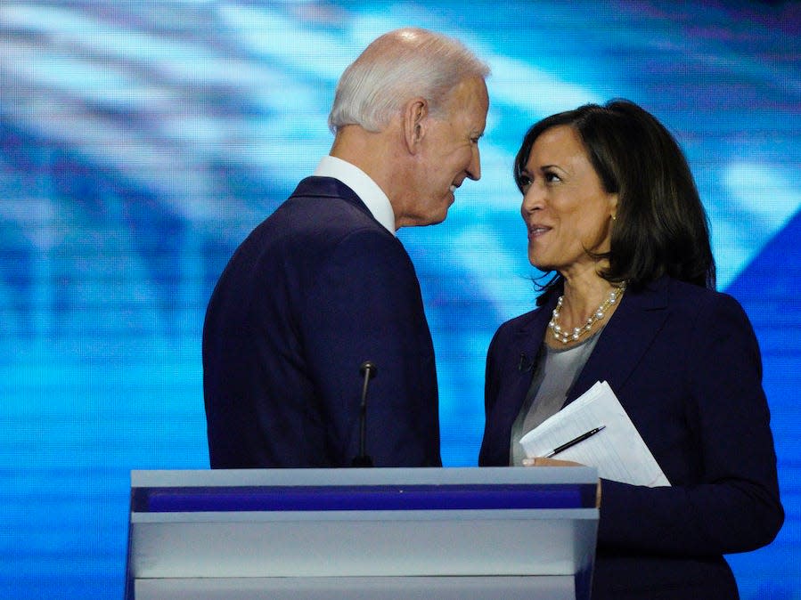 Democratic presidential candidates former Vice President Joe Biden, left, and Sen. Kamala Harris, D-Calif. shake hands Thursday, Sept. 12, 2019, after a Democratic presidential primary debate hosted by ABC at Texas Southern University in Houston.