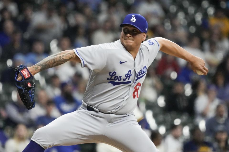 Los Angeles Dodgers relief pitcher Victor Gonzalez throws during the sixth inning of a baseball game against the Milwaukee Brewers Tuesday, May 9, 2023, in Milwaukee. (AP Photo/Morry Gash)