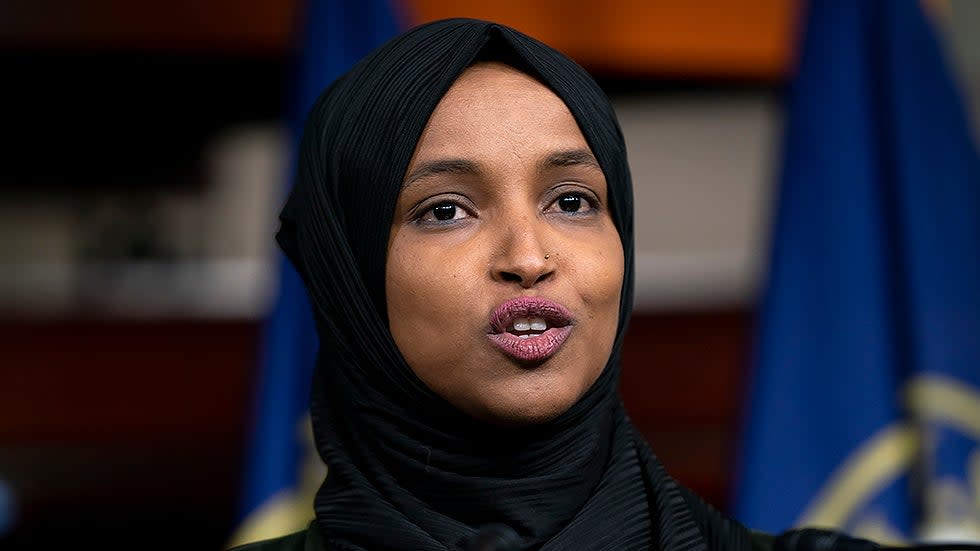 Rep. Ilhan Omar (D-Minn.) addresses reporters during press conference on Tuesday, November 30, 2021 to call out Rep. Lauren Boebert’s (R-Colo.) anti-Islamic remarks.