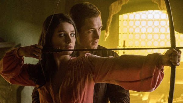 Eve Hewson as Maid Marian and Taron Edgerton as Robin Hood in Robin Hood. Credit: Golden Village Cinemas