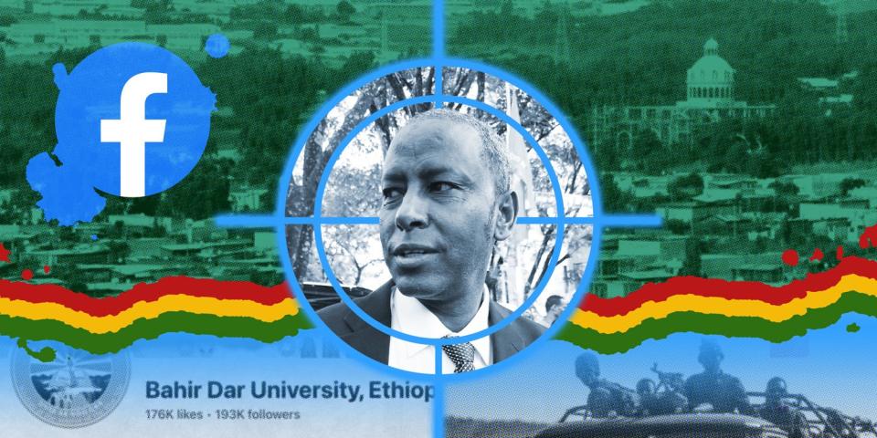 Slain professor  Meareg Amare is shown in a FB blue cross hairs. The facebook sits nearby and scenes from the Bahir Dar area are shown.