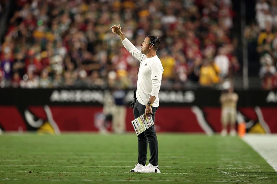 Green Bay Packers coach Matt LaFleur calls to his team during the first half against the Arizona Cardinals at State Farm Stadium on Oct. 28, 202, in Glendale, Arizona.