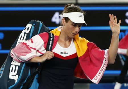 Tennis - Australian Open - Second Round - Melbourne Park, Melbourne, Australia, January 18, 2019. Britain's Johanna Konta looks dejected after loosing the match against Spain's Garbine Muguruza. REUTERS/Edgar Su