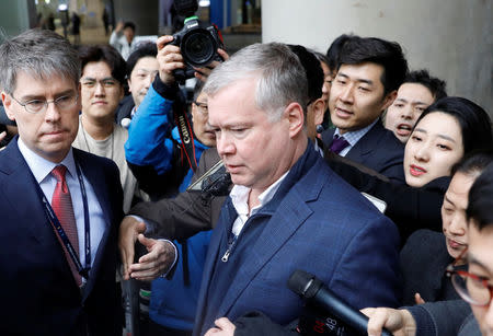 U.S. Special Representative for North Korea Stephen Biegun is surrounded by media upon his arrival to Incheon International Airport in Incheon, South Korea, February 3, 2019. REUTERS/Kim Hong-Ji