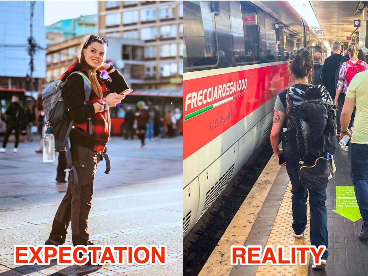 Left:  young smiling backpacker checking city map on smartphone with downtown buildings behind here. Right: The author in a black backpack walks next to a train with other travelers around her