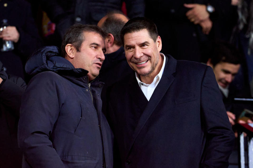 GIRONA, SPAIN - JANUARY 28: Chief Executive Officer of City Football Group Ferran Soriano and Marcelo Claure speak in the VIP box prior to the LaLiga Santander match between Girona FC and FC Barcelona at Montilivi Stadium on January 28, 2023 in Girona, Spain. (Photo by Alex Caparros/Getty Images)