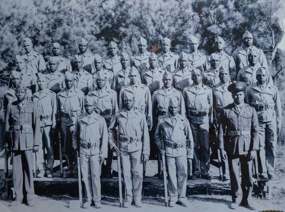 Richard Davis is photographed with his training Platoon 266 in 1943 at the Montford camp in North Carolina during WWII. He is one of the last surviving Montford Point Marines, a Black World War II unit. Courtesy Richard Davis