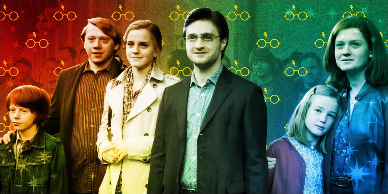 A still from the Harry Potter Epilogue scene with a red, yellow, green, and blue overlay with Harry Potter glasses