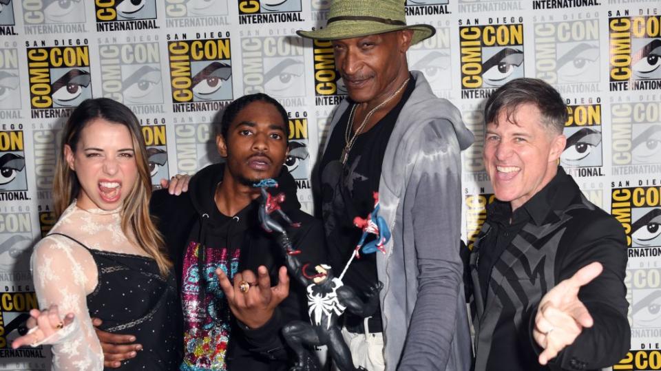 SAN DIEGO, CALIFORNIA - JULY 20: (L-R) Laura Bailey, Nadji Jeter, Tony Todd and Yuri Lowenthal attend Marvel's Spider-Man 2: Symbiotic Relationships panel during 2023 Comic-Con International: San Diego at San Diego Convention Center on July 20, 2023 in San Diego, California. (Photo by Albert L. Ortega/Getty Images)