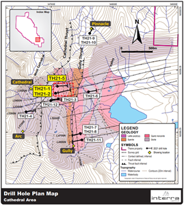 Plan view showing location of Thane Drill holes TH-21-1, TH-21-2 and TH-21-5