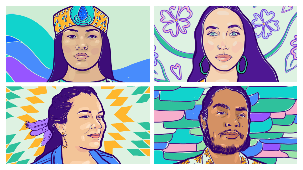 Clockwise from top left are Autumn Peltier, Ruth Miller, Trenton DeVore and Leala Pourier. (Illustration by Nathalie Cruz for Yahoo Life)