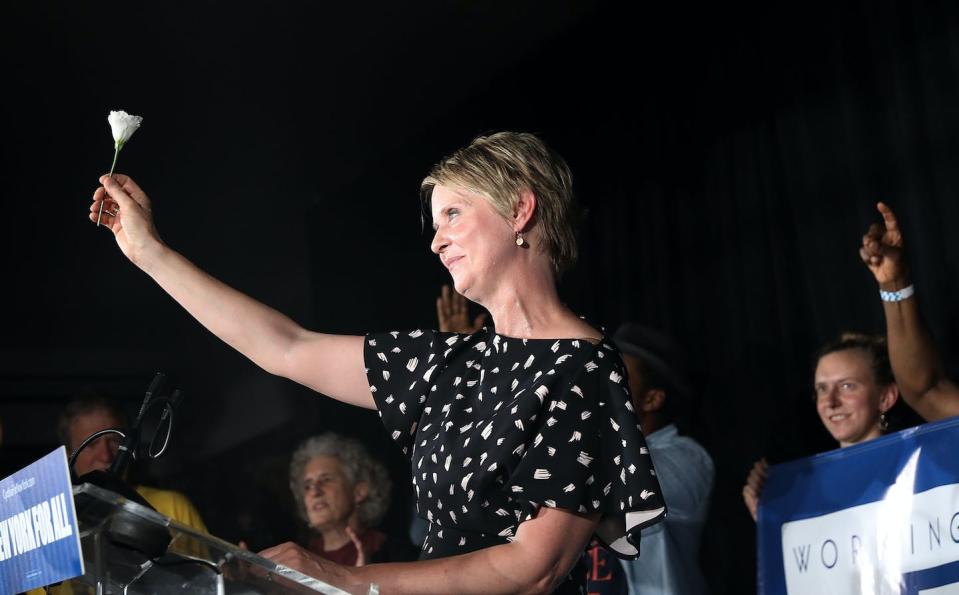 Actress Cynthia Nixon, who ran for governor in New York, conceded to Andrew Cuomo at a Brooklyn restaurant in September 2018. <a href="https://media.gettyimages.com/id/1032968238/photo/cynthia-nixon-holds-primary-night-watch-party-in-brooklyn-with-other-progressive-democrats-on.jpg?s=1024x1024&w=gi&k=20&c=LqPHhIuo4RDU_NytFbpYYueDpkICnui__pY5MtGDhi0=" rel="nofollow noopener" target="_blank" data-ylk="slk:Spencer Platt/Getty Images;elm:context_link;itc:0;sec:content-canvas" class="link ">Spencer Platt/Getty Images</a>