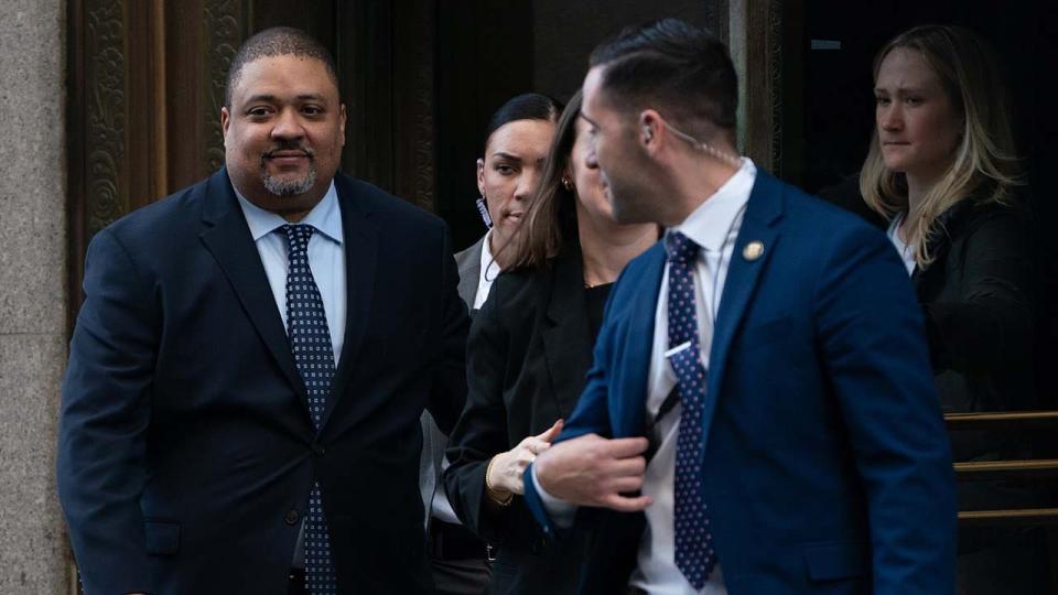 Manhattan DA Alvin Bragg leaves 80 Centre St. in NYC after speaking during a press conference, Feb. 8, 2024.