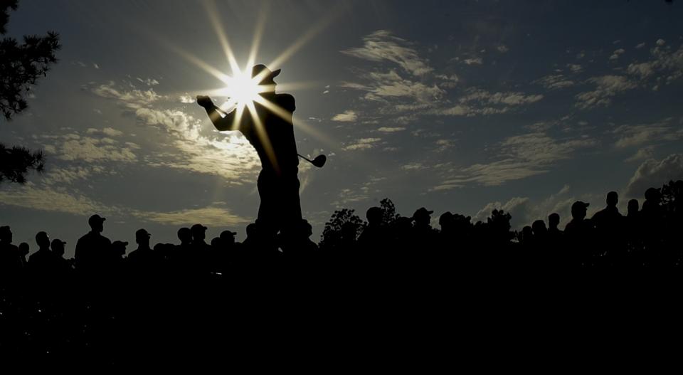 Jason Day, of Australia, hits a drive on the 18th hole during the third round for the Masters golf tournament Saturday, April 13, 2019, in Augusta, Ga. (AP Photo/Charlie Riedel)