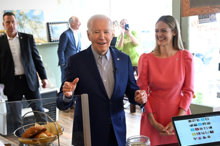 US President Joe Biden visits Zummo's Cafe with Scranton, Pennsylvania, Mayor Paige Cognetti before departing for Pittsburgh (ANDREW CABALLERO-REYNOLDS)
