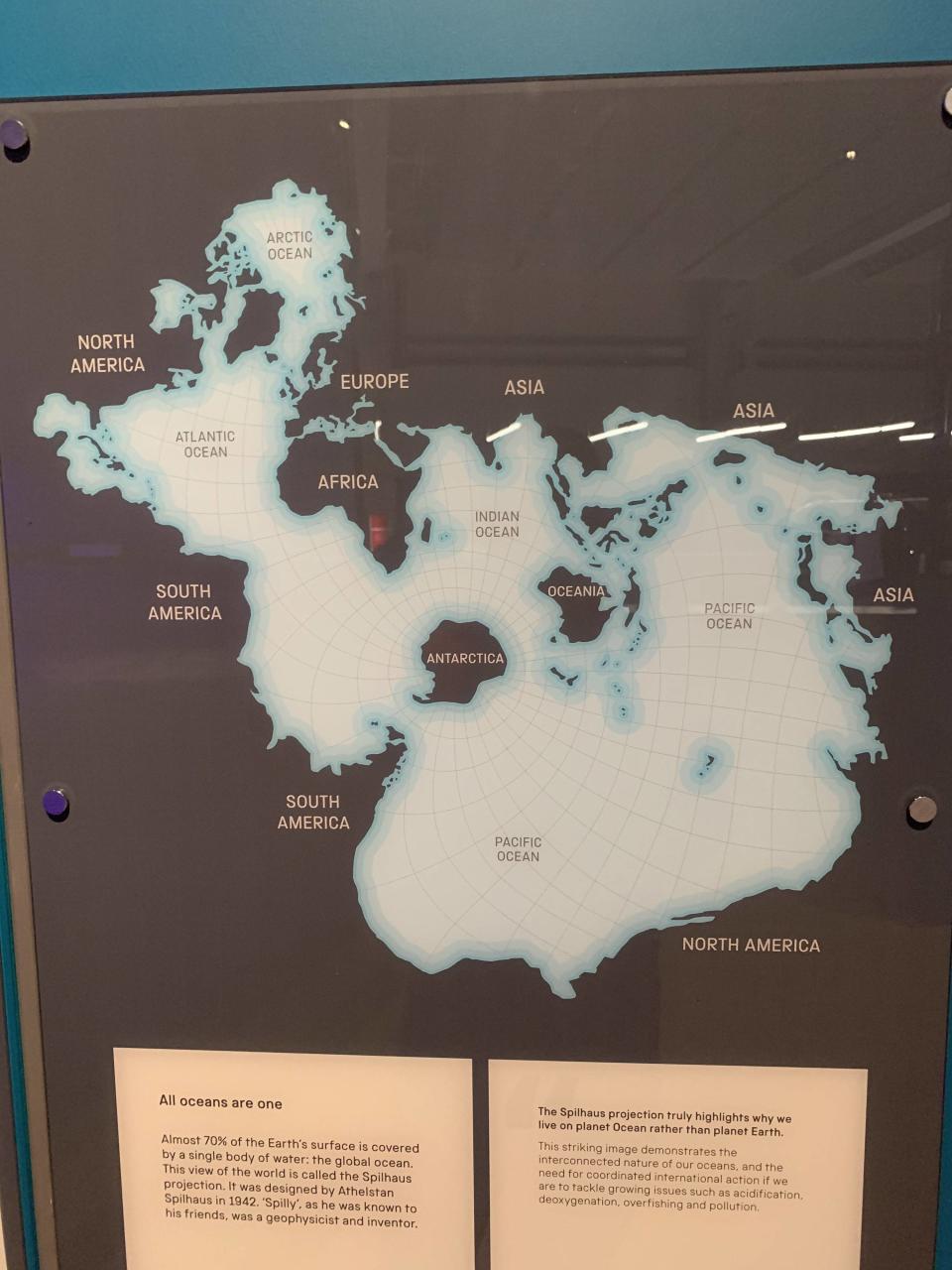 The oceans' connected outlines around the continents, from the Arctic to the Atlantic and Indian oceans and the Pacific