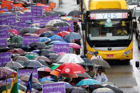 People who oppose the amending of Myanmar's constitution gather at a rally in Yangon