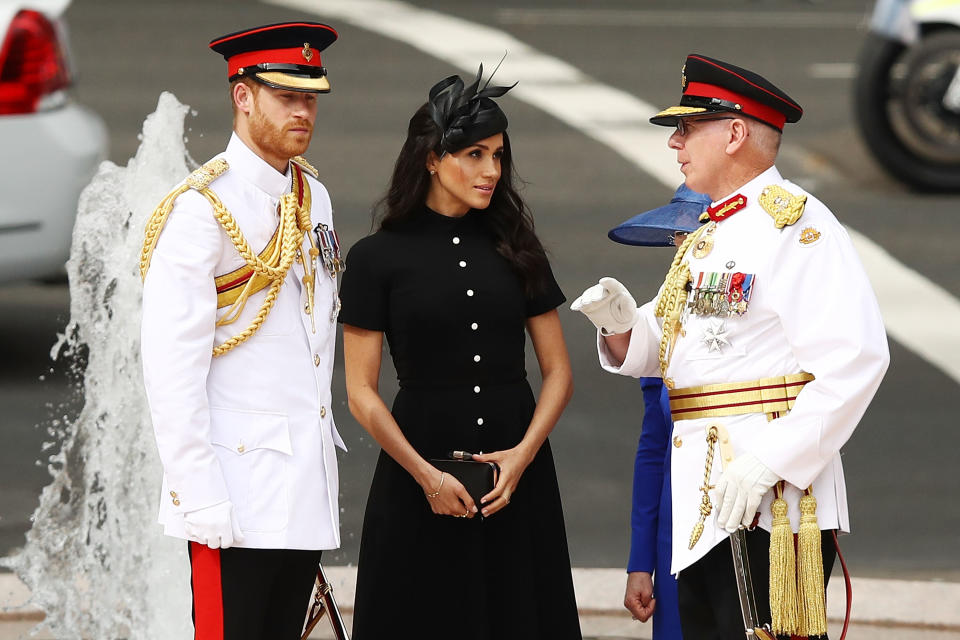 <p>Earlier on Saturday morning, the Duke and Duchess of Sussex were greeted by hundreds of spectators in Sydney’s Hyde Park for the opening of an extension of the Anzac Memorial. Source: Getty </p>