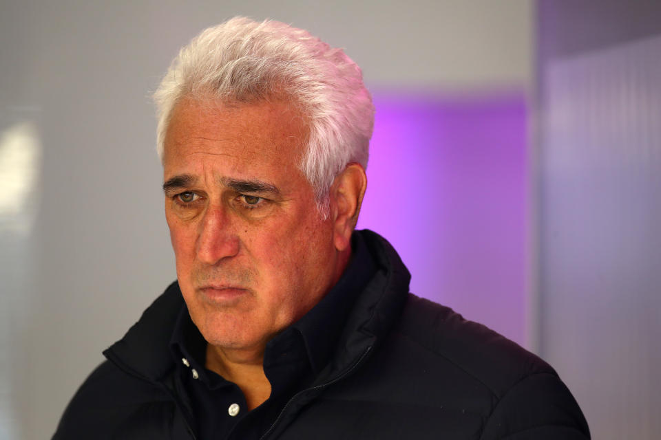 BARCELONA, SPAIN - FEBRUARY 19: Owner of Racing Point Lawrence Stroll looks on from the garage during day one of Formula 1 Winter Testing at Circuit de Barcelona-Catalunya on February 19, 2020 in Barcelona, Spain. (Photo by Mark Thompson/Getty Images)